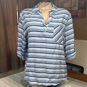 Chico’s Striped Open-Neck Pullover in Light Blue & Navy- cotton/rayon blend